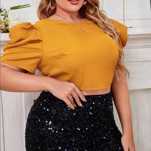 Plus Size Crop Backless Open Back Backless Puff Sleeve Self Tie Top Blouse Shirt - Picture 10 of 10